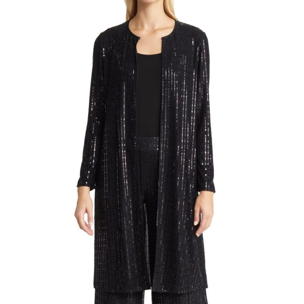 Black Linear Sequin Long Duster-Coat